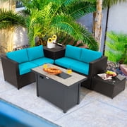 Gymax 5PCS Patio Rattan Furniture Set Fire Pit Table w/ Cover Storage Cushion Turquoise
