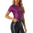 thumbnail image 4 of INSPIRE CHIC Women's Party Metallic Textured Short Sleeve Shiny Multicolor Top Red S, 4 of 5