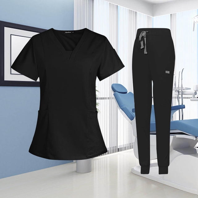 facefd Female Scrub Set Nurse v neckline Machine Washable Short Sleeves Suit S Black