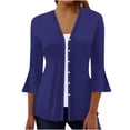 thumbnail image 2 of VKOYWKM 3/4 Length Sleeve Womens Tops Trendy Eyelet Embroidery Tees Button Down V Neck Pullover Tops Solid Color Ruffle Bell Sleeve Tunic Blouses, 2 of 5