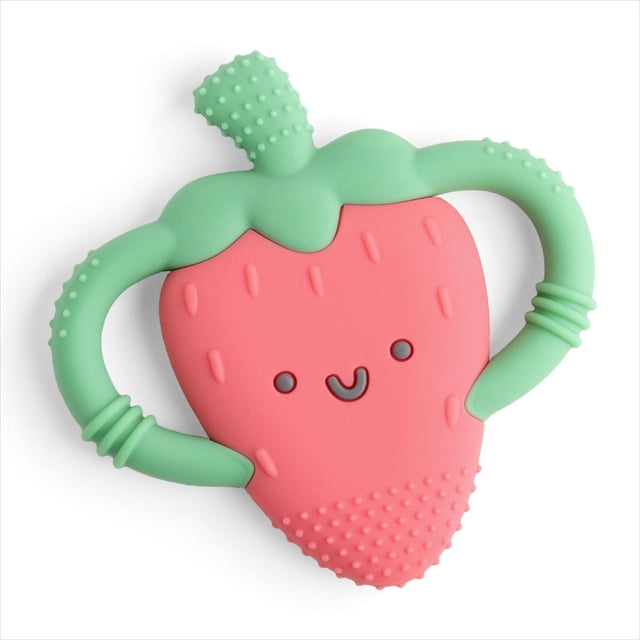 Itzy Ritzy Chew Crew Strawberry teether with a pink silicone strawberry-shaped body featuring raised dots and a smiling face, connected to textured green easy-grip handles for baby teething relief, shown from above on a white background.