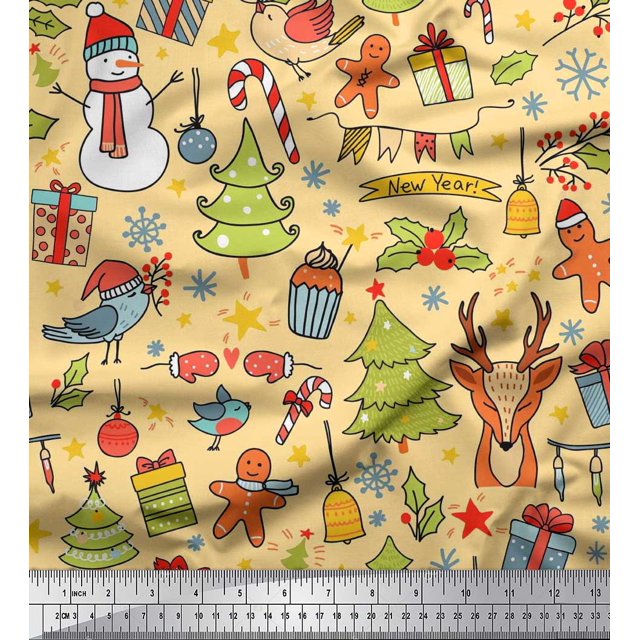 Soimoi Modal Satin Fabric Gift Box,Snowman & Tree Christmas Print Fabric by the Yard 42 Inch Wide