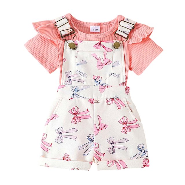 Hiiyo Tenues d'Été pour Filles, Barboteuse à Manches Courtes à Volants, Imprimé Nœud, Shorts, Tailles 9-12M
