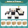 thumbnail image 4 of Patiojoy 9 Pieces Outdoor PE Rattan Wicker Sectional Sofa with 35-Inch Gas Fire Pit Table Space-Saving Patio Conversation Set with Storage Box Off White, 4 of 10