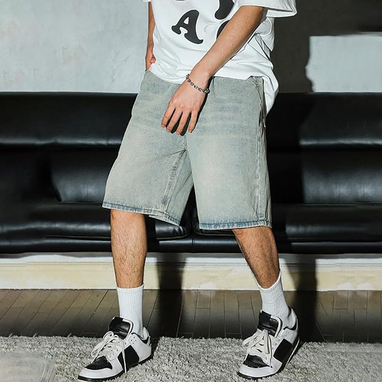 Mens Loose Denim Shorts Baggy Casual Wide Leg Mid Jean Jorts