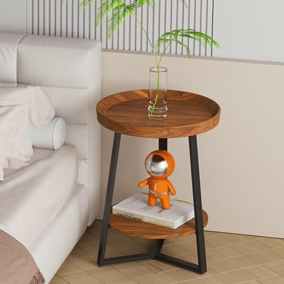 Round Coffee Table with Storage Shelf, 2 Tier Farmhouse Round Side Table Nightstand for Living Room, Bedroom, Wood Top and Black Metal Frame