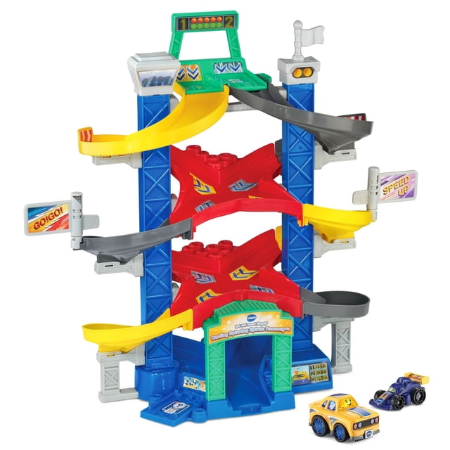 VTech Go! Go! Smart Wheels® Duel Spinning Spirals RacewayTM Comprenant des Piliers Bleus à Plusieurs Niveaux avec des Rampes en Spirale Rouges, des Glissades Courbées Jaunes et Grises et des Drapeaux Interactifs Étiquetés « Go! Go! » et « Speed UP ». Comprend Deux Voitures-Jouets pour Tout-Petits Jaunes et Bleues pour le Jeu de Course à Gravité avec zones d'Accident et un podium du Gagnant, Convient à l'Apprentissage Précoce et aux Ensembles de Jeu de Véhicules.