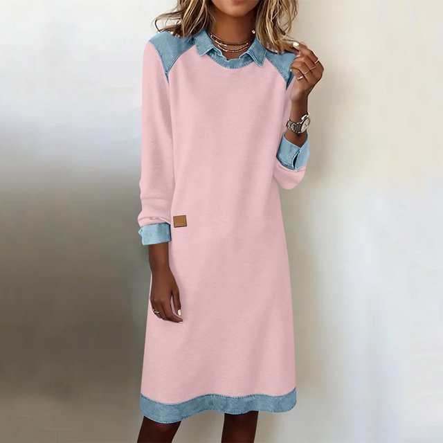 Mceream Robes Longues pour Femmes Formelles Grande Taille à Blocs de Couleur Robe Patchwork en Denim Printemps Ample Décontractée à Col Midi Robes Chandail Rose TG
