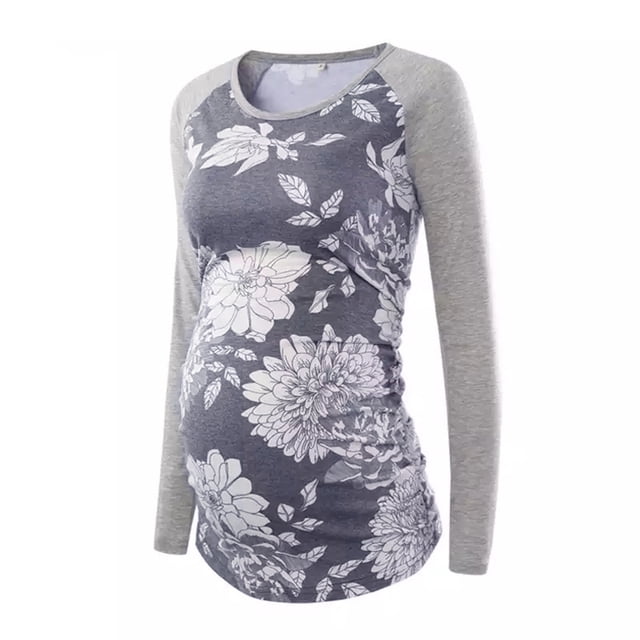 Heliisoer Blouse Décontractée de Maternité à Col Rond Imprimé à Manches Longues