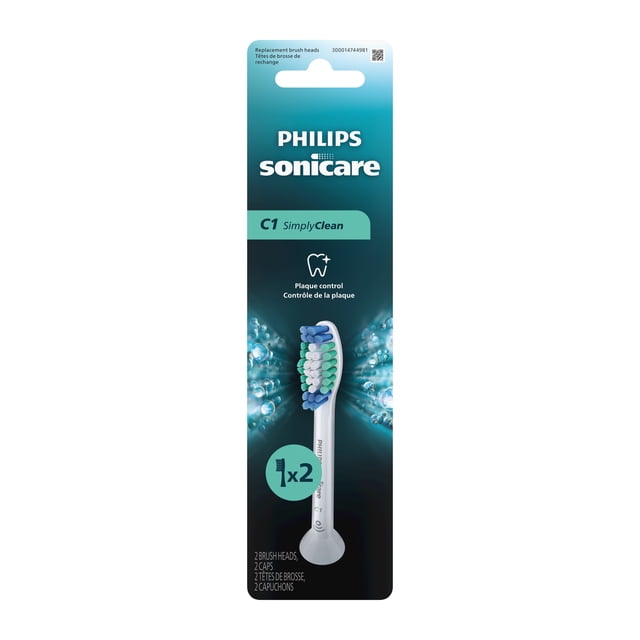 Philips Sonicare C1 Simply Clean 2pk White Brush Heads package showing two white electric toothbrush replacement heads with contoured blue, green, and white bristles for plaque control, compatible with Philips Sonicare click-on rechargeable handles, suitable for everyday oral care.