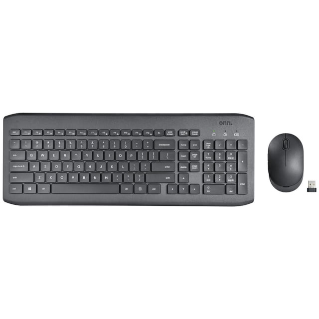 onn. 100009054 Wireless 104 Keys Full Keyboard and 5-Button Mouse combo with a full-size black keyboard featuring low-profile keys and number pad, paired with a black wireless mouse with five buttons and scroll wheel, connected via a 2.4GHz USB nano receiver compatible with Windows, Mac, and Chromebook, also suitable for tidy wireless desktop setups.