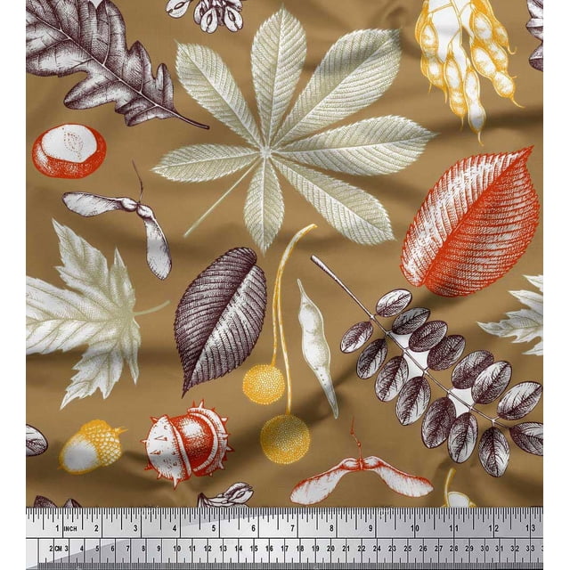 Soimoi polyester Crepe Fabric Berries,Oak Chestnut Leaves Printed Craft Fabric by the Yard 52 Inch Wide