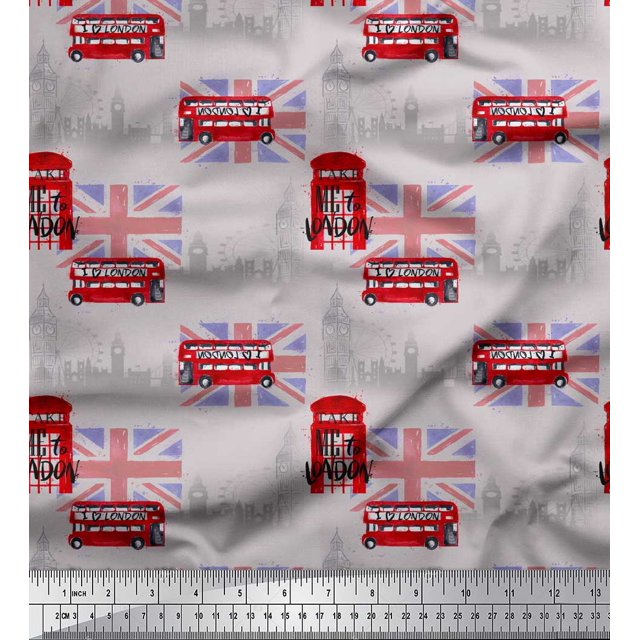Soimoi Gray Georgette Viscose Fabric London Theme Architectural Printed Fabric 1 Yard 42 Inch Wide