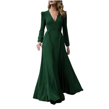 QUYUON Womens Robes de Soirée Liquidation Élégantes à Manches Longues Couleur Unie Robe à Col en V Longues Robes Femmes Midi Robe Ornée Style D-13817 S