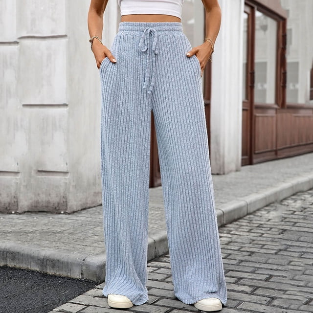 Ailaofu Womens Ribbed Wide Leg Lounge Pants with Pockets Casual Relaxed Comfy Loose Soft Knit Pajama Pants with Drawstring
