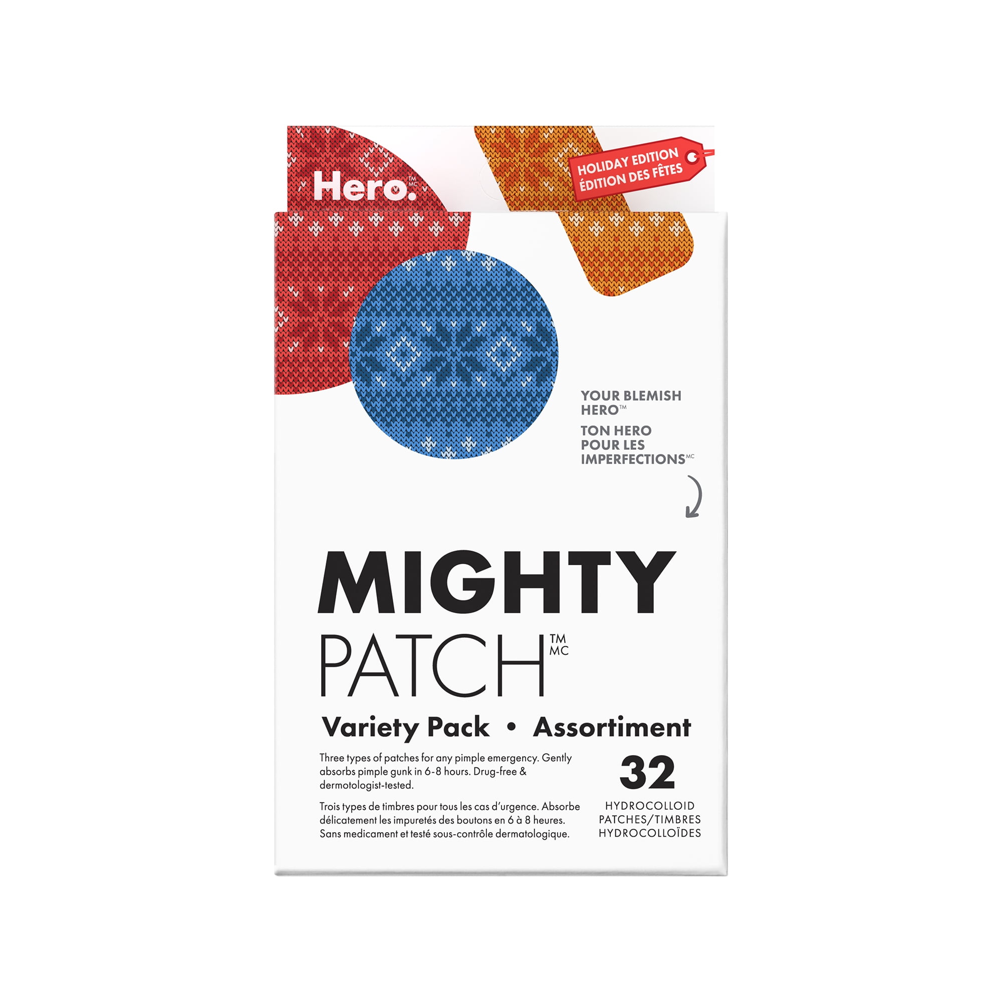 Hero Cosmetics Coffret-cadeau varié des Fêtes Mighty Patch, hydrocolloïdes pour boutons sur le visage et le corps, soins de jour et de nuit pour tous les types de peau