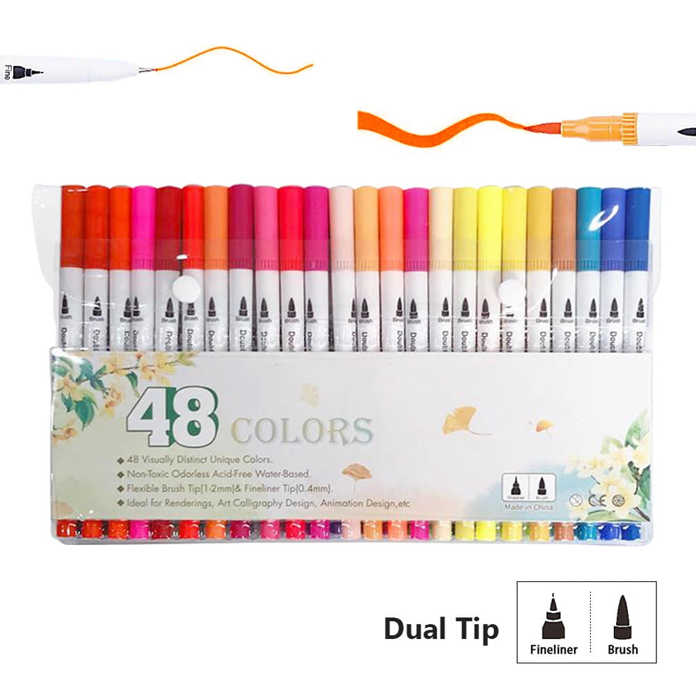 Dual Tip Watercolor Markers, 48 Assorted Colors/Pack, Fineliner & Brush Tip