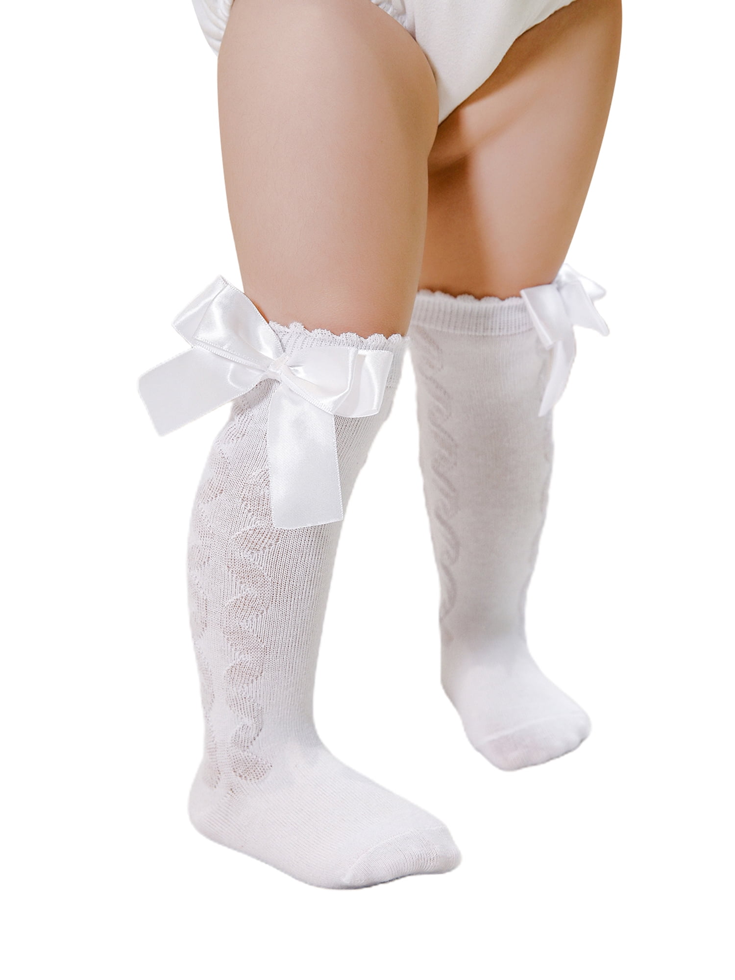 FOCUSNORM Baby Girls Cute Knee High Socks Cable Knit Cotton Socks with Bow