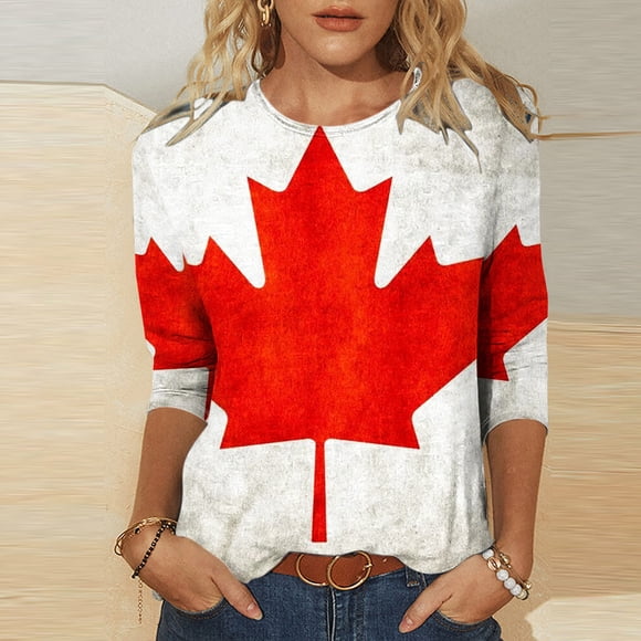 Brnmxoke Manches 3/4 Feuilles d'Érable Hauts pour Femmes Fête du Canada Hauts d'Été pour Femmes Blouses à Col Rond Drapeau Canadien Chic Décontracté Vêtements Tendance 2025 Blanc,G