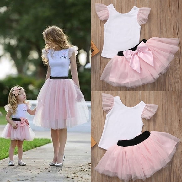Mother and Daughter Casual Summer T-shirt Skirt Tulle Dress Matching Outfits Set