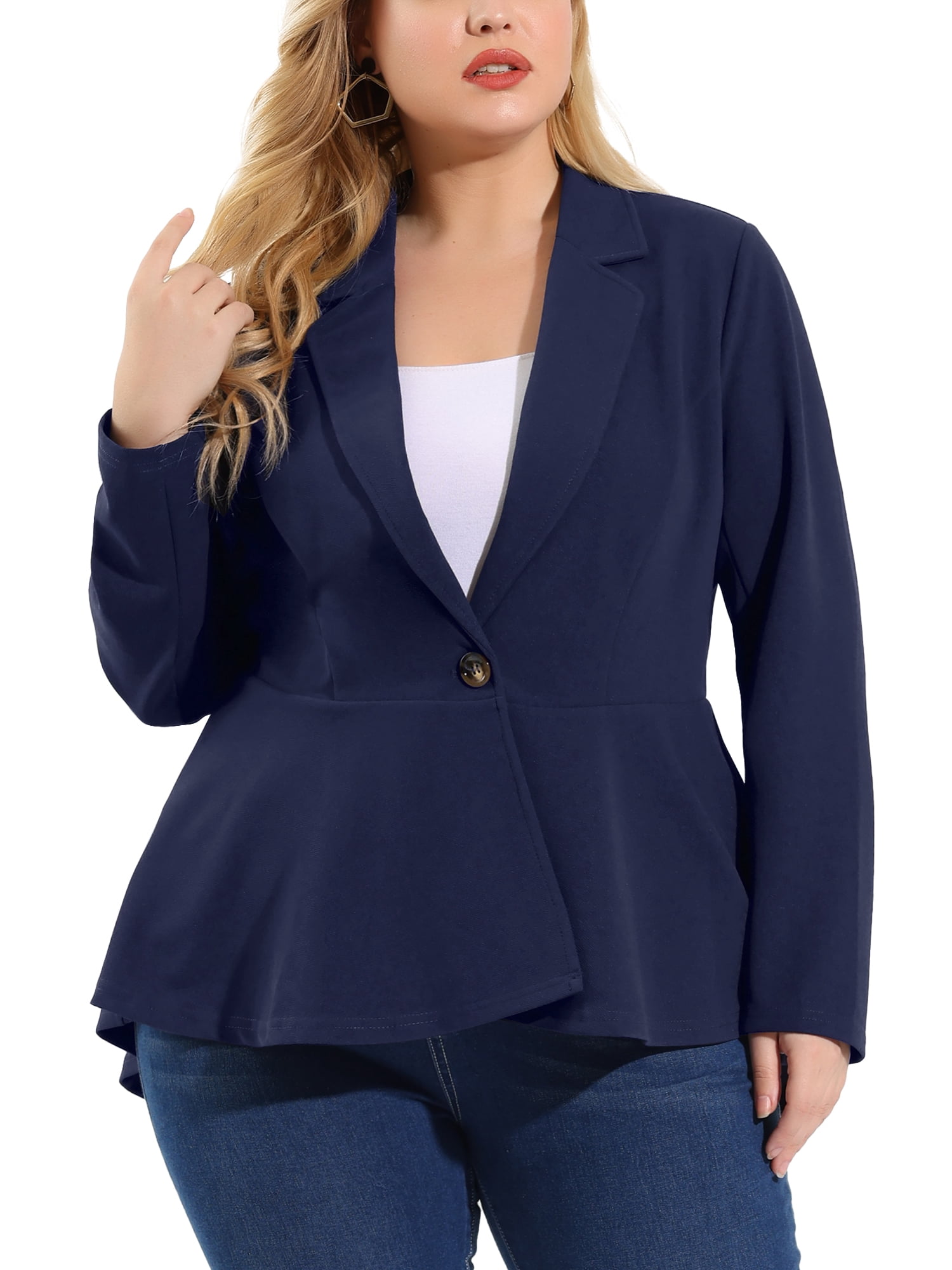 Agnes Orinda Women's Plus Size Blazer Button Notch Panel Ruffle Peplum Blazers 2X Navy Blue