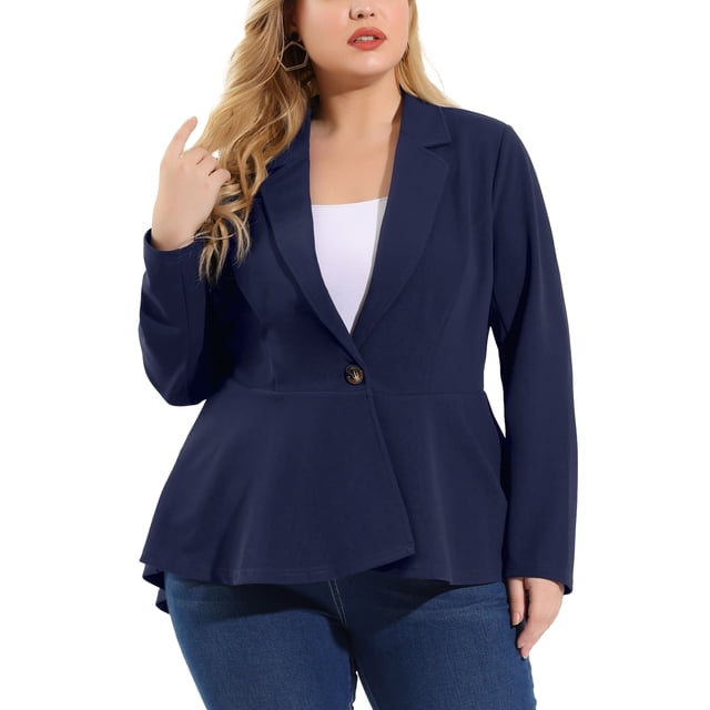Agnes Orinda Women's Plus Size Blazer Button Notch Panel Ruffle Peplum Blazers 3X Navy Blue