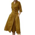thumbnail image 1 of CEHVOM Robe Décontractée pour Femme en Coton et Lin, Couleur Unie, Manches Mi-Longues, à Lacets, Col à Revers, Solde, 1 of 5