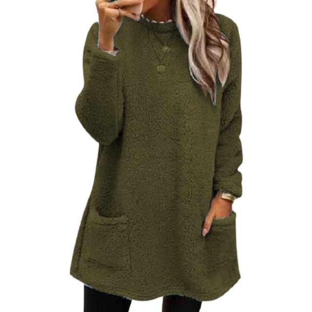 LUXUR Women Fuzzy Fleece T Shirt Loose Work Tops Army Green M