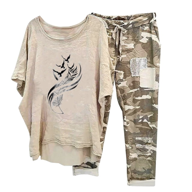 Mikilon Ensemble de Détente Confortable pour Femmes, Tenue d'Intérieur 2 Pcs, Ensemble de Détente Imprimé, Haut à Manches Mi-Longues à Col Rond + Pantalon, Kaki-E 3TG
