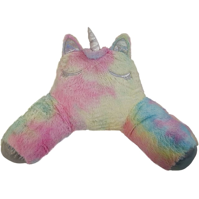 Hometrends Kids Unicorn Bedrest Est un Oreiller de Lecture en Peluche, Rempli de Polyester, aux Couleurs Arc-en-Ciel pastel avec une Corne Unicorn Argentée, des Oreilles Intérieures Brillantes et des Yeux Fermés Brodés. Il Offre un Soutien du Dos et des Bras, Idéal pour Lire Ou Se Détendre dans les Chambres d'Enfants.