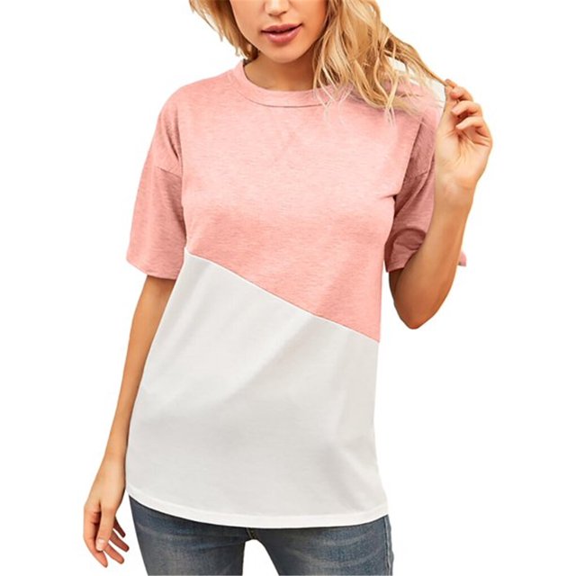 T-shirt pour Femme à Blocs de Couleur, Manches Courtes, Haut, Chemise Fille, Blouse à Col Rond Court, Rose, M