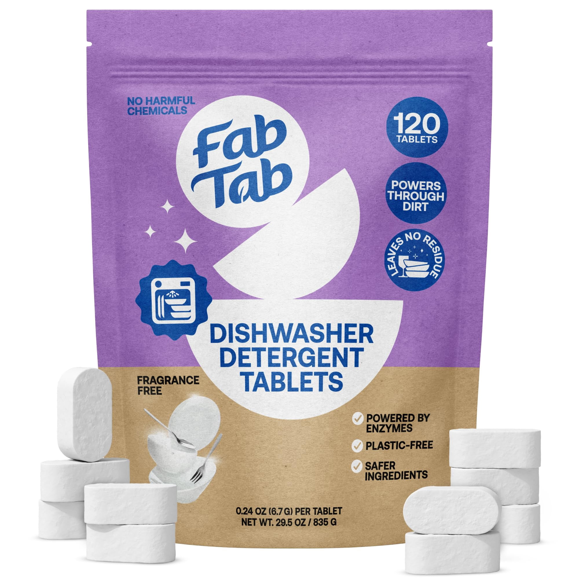 Tablettes de détergent pour lave-vaisselle Fab Tab 100 % sans plastique, Ingrédients propres, Sans parfum, Sans résidu, Enzyme puissante-B