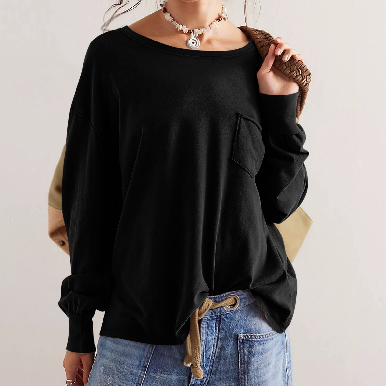 TIMIFIS Black Womens Casual Long Sleeve Tops Fall Solid Loose Crew Neck Tunic Sweatshirt with Pockets