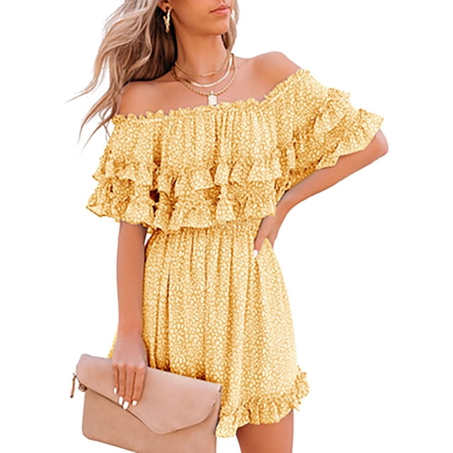 Women‘s Summer Off Shoulder Dress Pleated Flowy Neck Belt Printed Dress