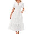 thumbnail image 2 of WRKEKC Robe Maxi à Manches Courtes en Dentelle Ajourée à Col en V pour Femme avec Ourlet Plissé Robe d'Été Bohème, 2 of 6