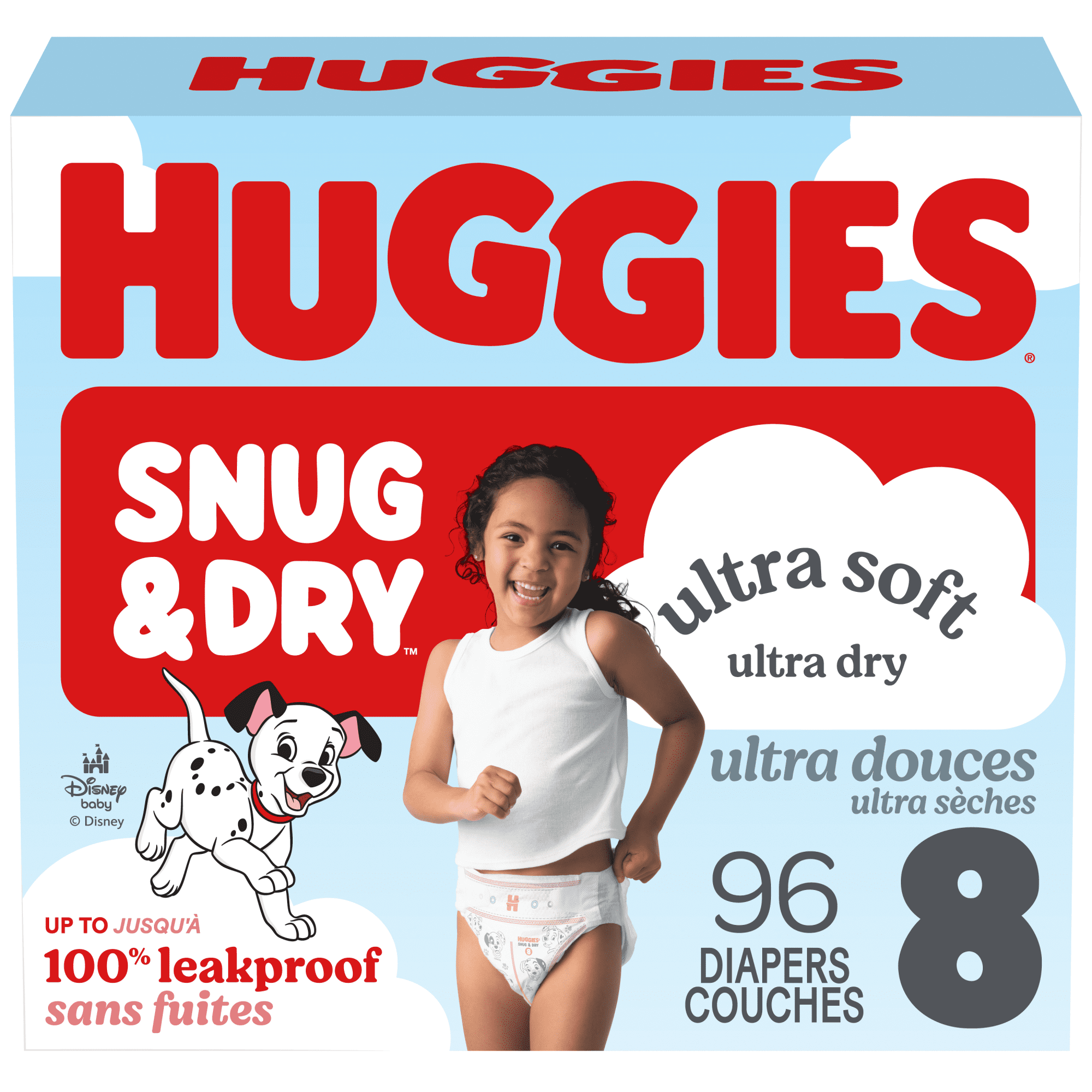 Couches pour bébé Huggies Snug & Dry, taille 8 (45 lb et plus), contenant de 96 unités