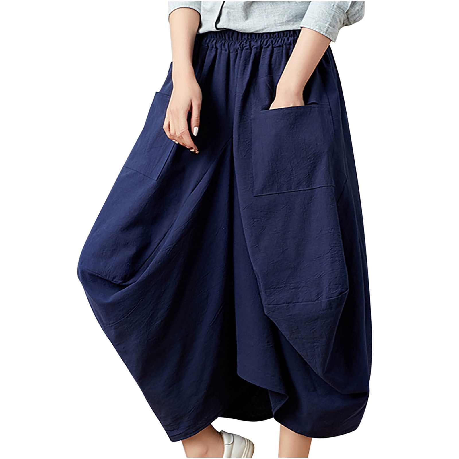 Mrat Flowy Maxi Skirt Women's Elastic Waist Solid Cotton Linen Skirt Loose Large Lantern Skirt With Pockets Fringe Skirt S-160 Navy One Size One Size