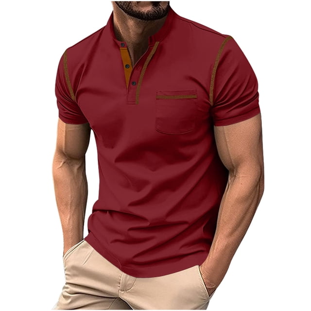 Mens Pullover Stand Collar Button Pocket Short Sleeve Top Sports Stand Collar Top/Shirt