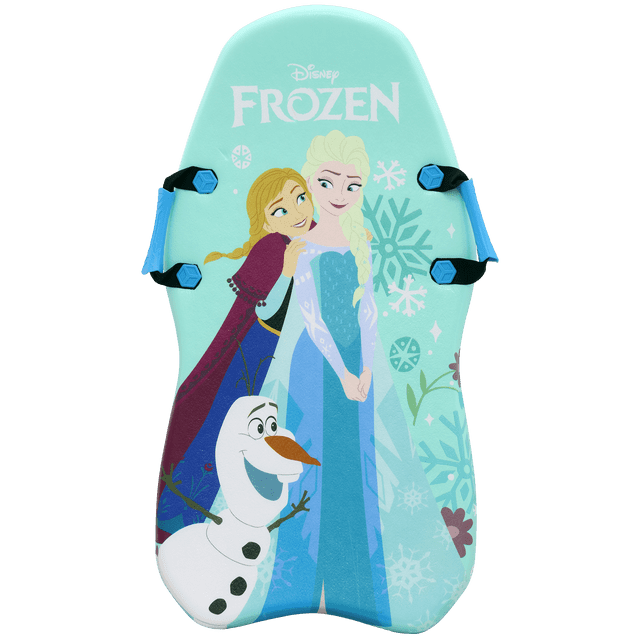 Disney Frozen sled with light blue background featuring characters Anna, Elsa, and Olaf, decorated with snowflakes, equipped with black straps and blue handles for winter sledding.