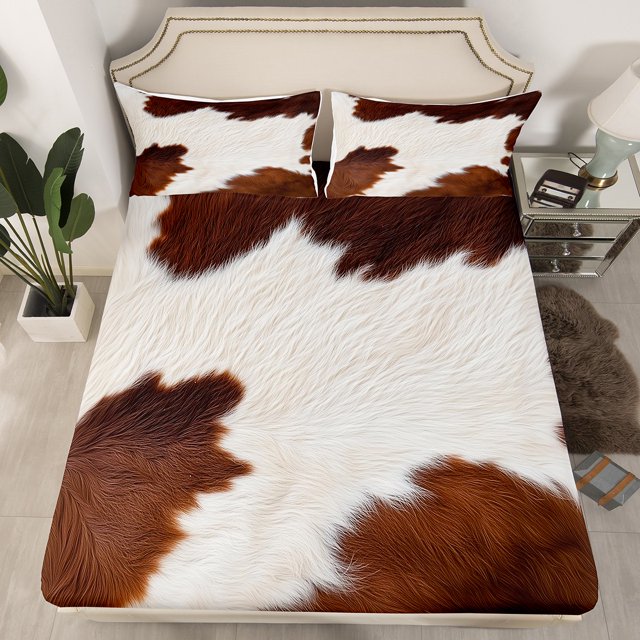 Erosebridal Brown Cow Print Fitted Sheet Full, Farm Animal Cowhide Bedding Set Full Size, Microfiber 3pcs