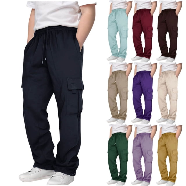 XZNGL Boys Sweatpants, Drawstring Waist, Multiple Pockets, Polyester Fabric, Relaxed Fit, Ankle-Length Jogger Style, for Daily Wear and Outdoor Activities