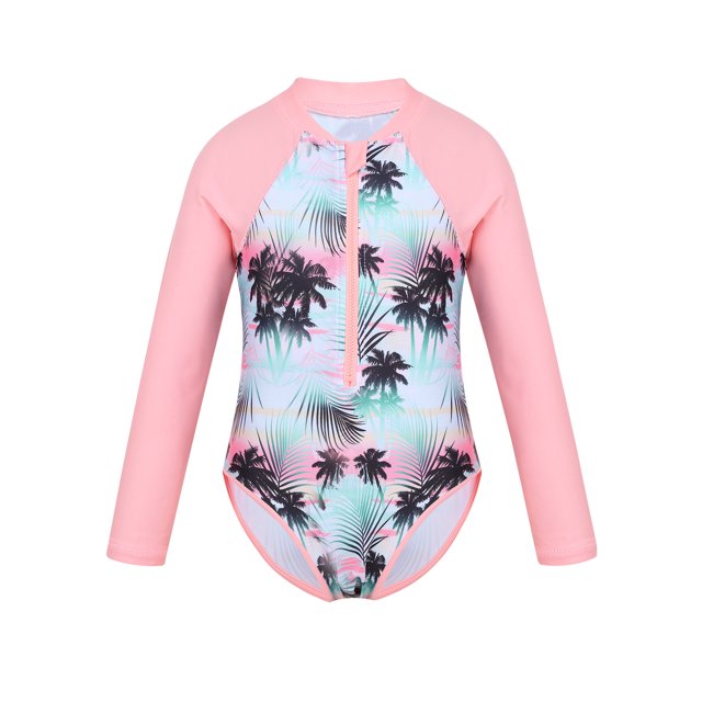 Kids Girls One Piece Long Sleeves Palm Trees Printed Swimsuit UV Protection Rash Guard Pink 14