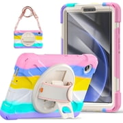 KOMI Samsung Galaxy Tab A9 Case 8.7 Inch 2023 SM-X110/X115/X117 for Kids with Screen Protector | Heavy Duty Shockproof Case with Rotating Stand Hand Strap for Galaxy Tab A9 Tablet Rainbow Pink