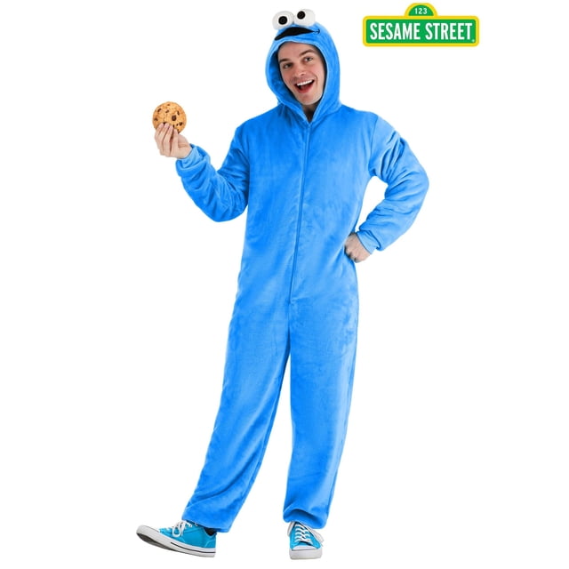 Cookie Monster Sesame Street Onesie featuring a bright blue full-body design with a hood that includes Cookie Monster's iconic eyes and mouth. The onesie is made of soft fabric, has a front zipper closure, and is ideal for pajamas or costume wear.