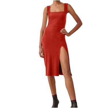 TJAZFJPA Ladies Sun Dresses European and Border Foreign Trade 2025 Summer New Square Neck Solid Color Knitted Thread Slim Stretch Slit Dress Floral Dress for Women Maternity Winter Dress