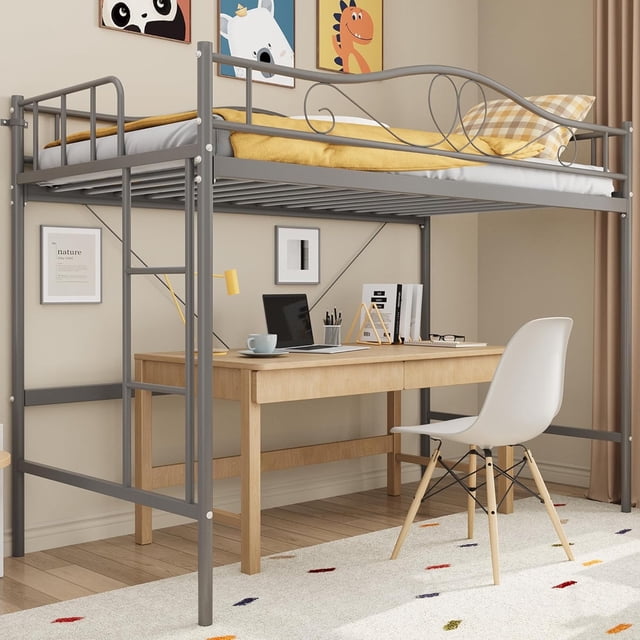 YUSAZENS Twin Size Metal Loft Bed with Ladder & Guardrail, 400lbs Capacity Modern Loft Bed, No Box Spring, Grey