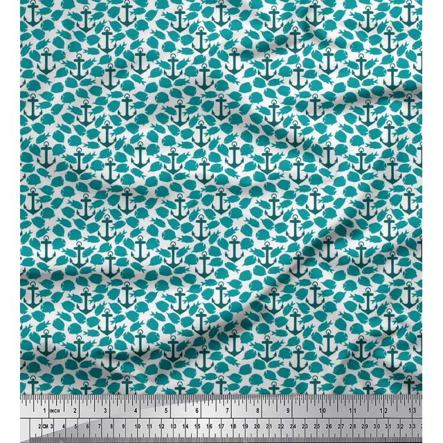 Soimoi polyester Crepe Fabric Fish & Anchor Hook Nautical Print Sewing Fabric Yard 52 Inch Wide