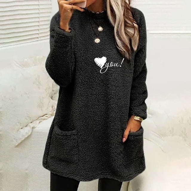 Blouses pour Femmes Col Rond et Hiver Ample Imprimé Poche Chaud Manches Longues Blouse Hauts Chandail pour Femmes en Liquidation