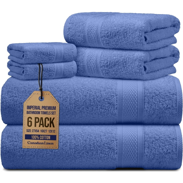 Canadian Linen Imperial Towels, Pack of 6 (Bath, Hand, Face Cloth Set) Lightweight Soft Absorbent Cotton Quick Dry Towel for Bathroom, Spa, Light Blue