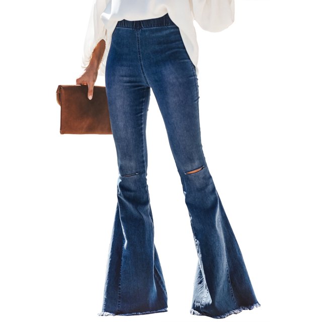 Women's Multicolor/Black/Sky Blue Distressed Bell Bottom Denim Pants